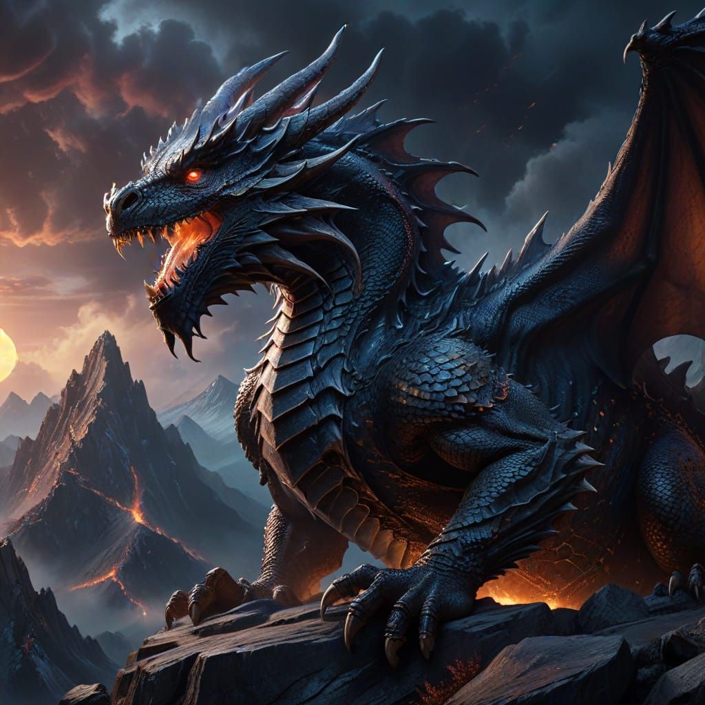 Majestic Obsidian Dragon Rests on Misty Mountain Peak