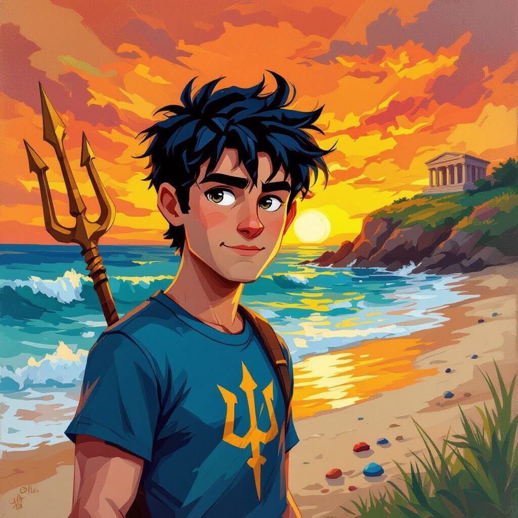 Percy Jackson Impasto Painting on Beach at Sunset