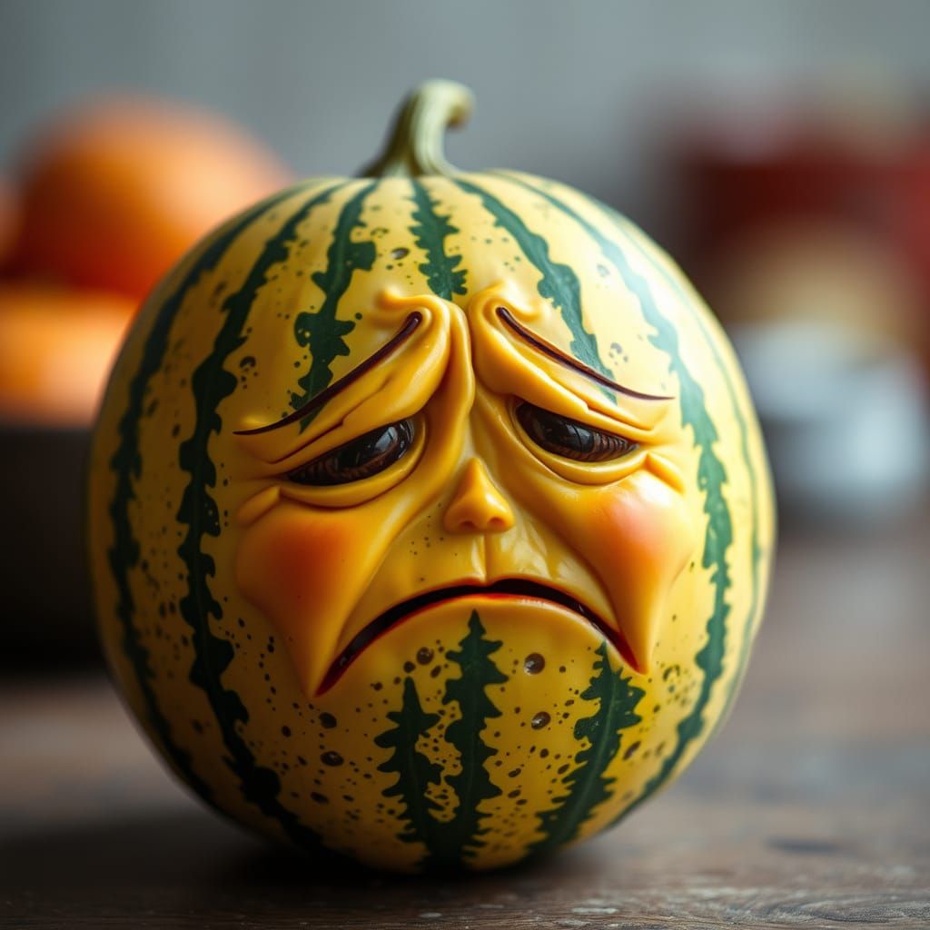 Melancholy Cantaloupe with Haunting Expression