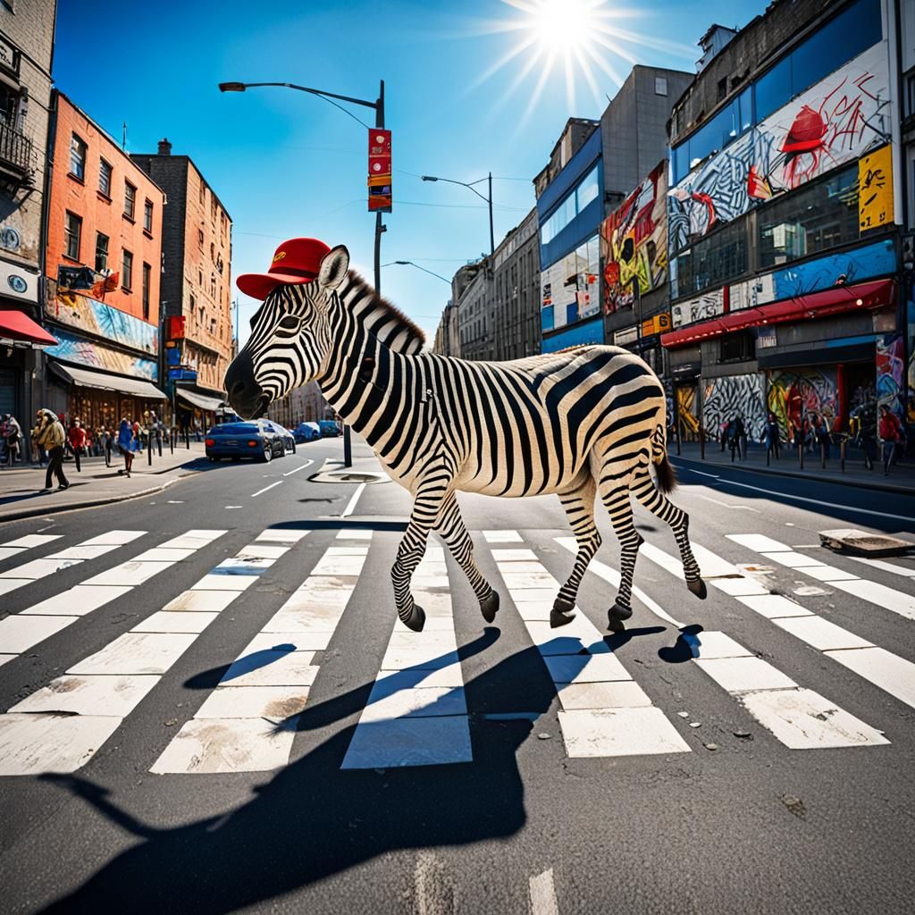 Zebra in Red Hat: Vibrant Urban Street Art