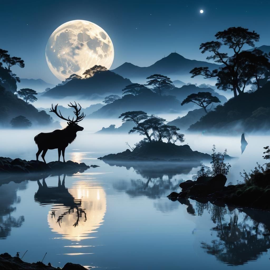 Luminescent Stag Silhouette with Moonlit River