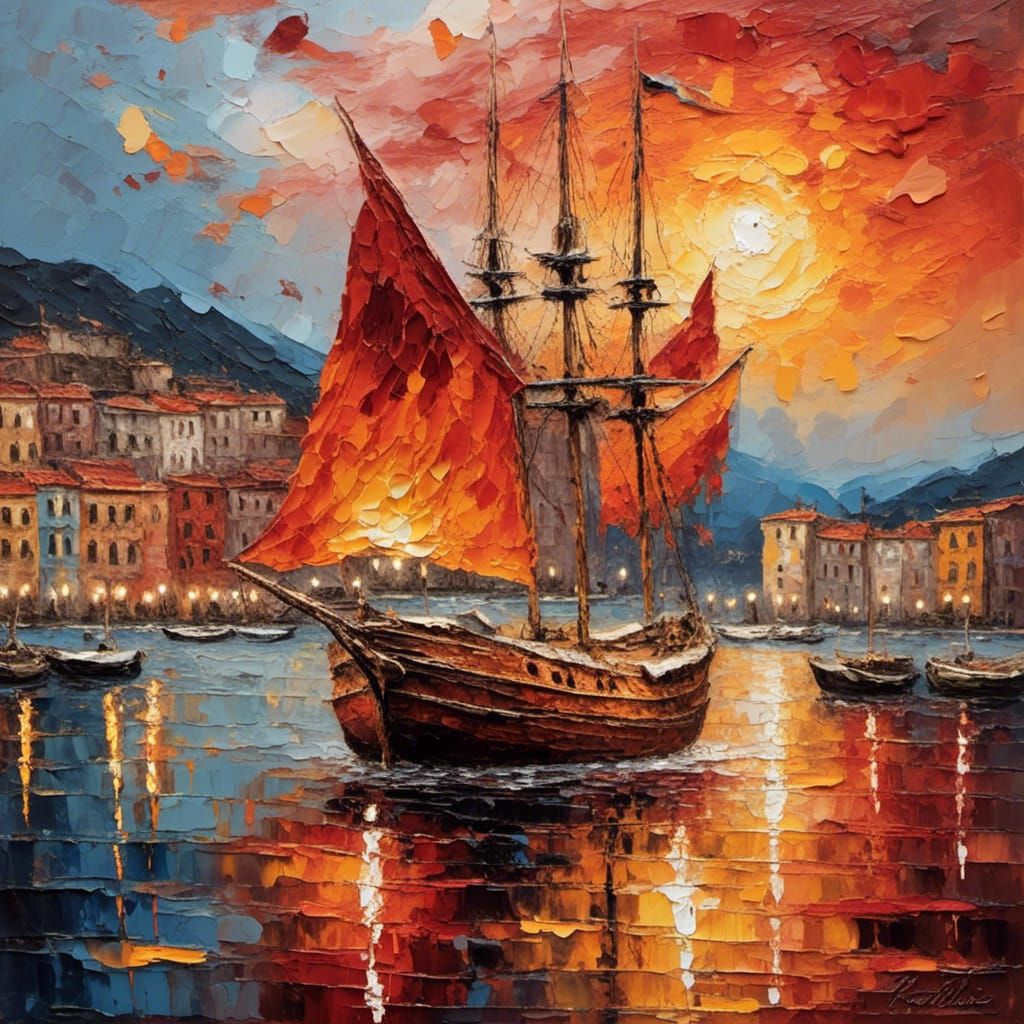 Marseille Port in Impasto Oil Painting Style