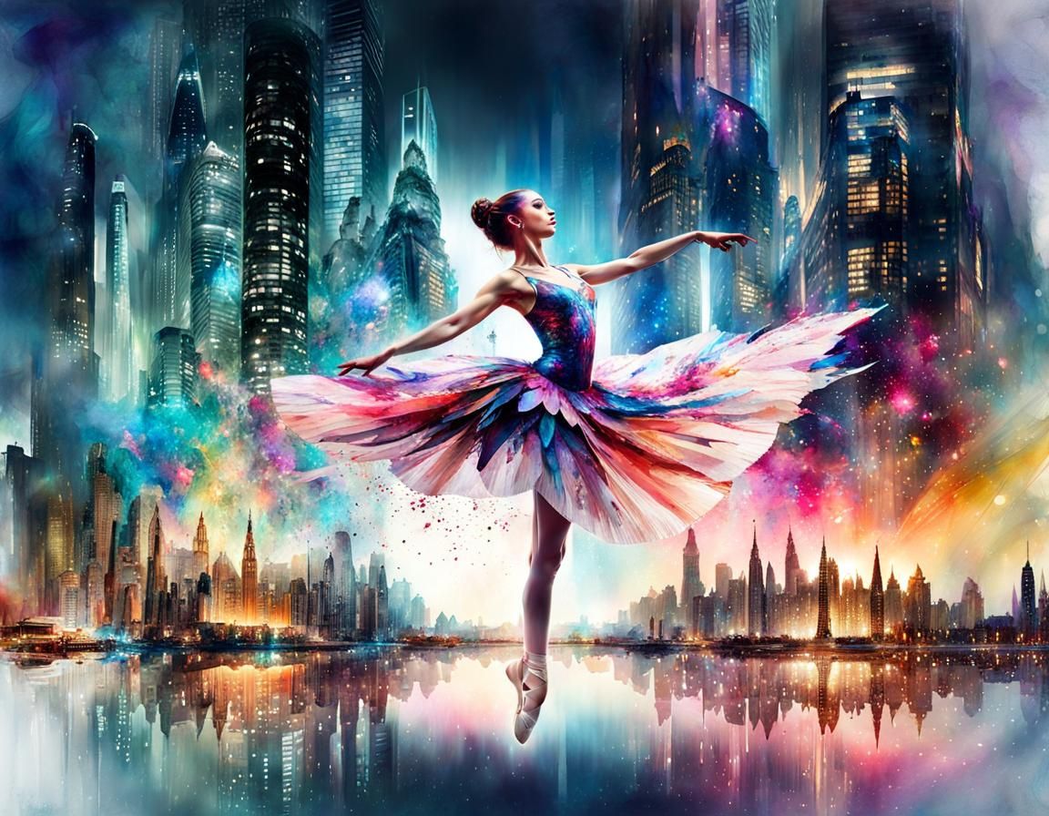 Fantasy Ballet in Overlapping Watercolor Landscape