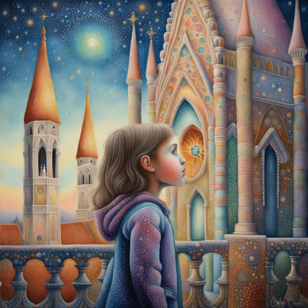 Ornate Cathedral in Pointillism Style with Girl