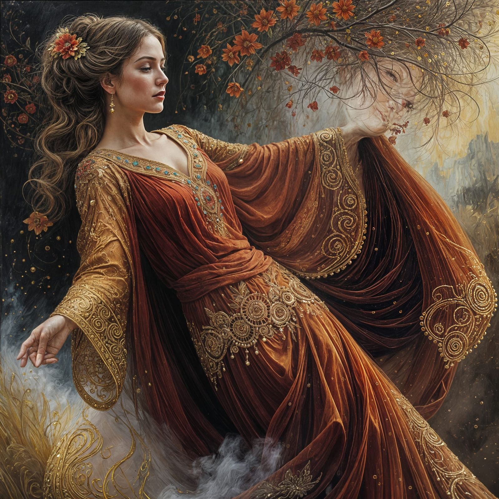 Woman in Red Dress: Klimt-Inspired Oil Painting