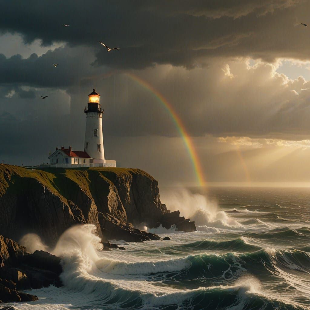 Lighthouse in Stormy Weather with Golden Sunbeams
