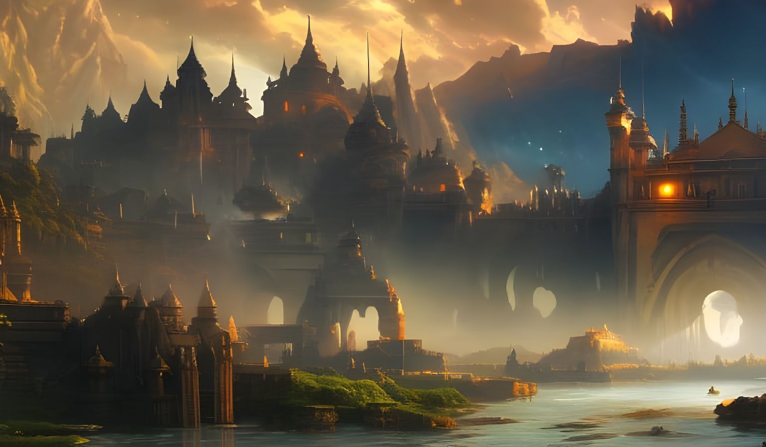 Spectacular City Above Waterfall in Golden Light