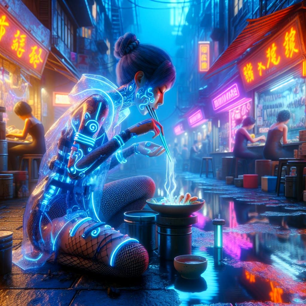 Cyberpunk Girl Eats Alien Food in Neon City