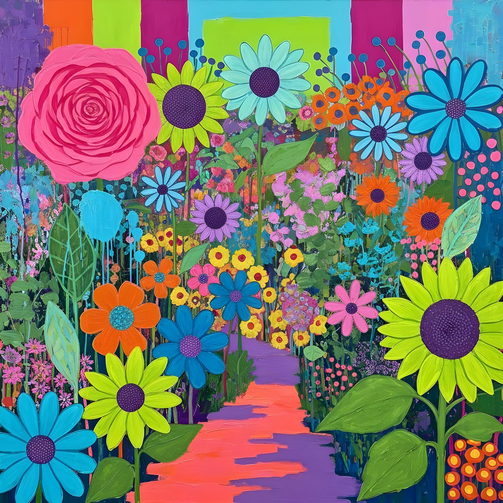 Fantastical Garden Landscape Painting with Explosive Colors