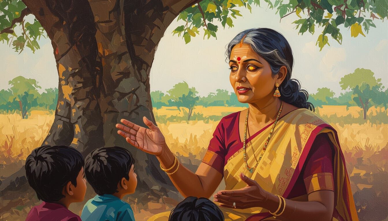 Indian Woman Narrates Folk Tale Under Banyan Tree