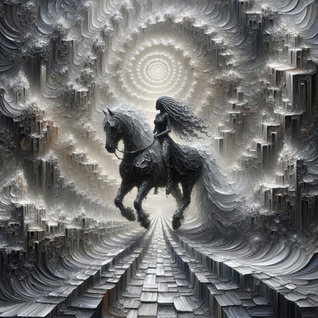 Monochromatic Silver and Black Portrait of Woman on Horse