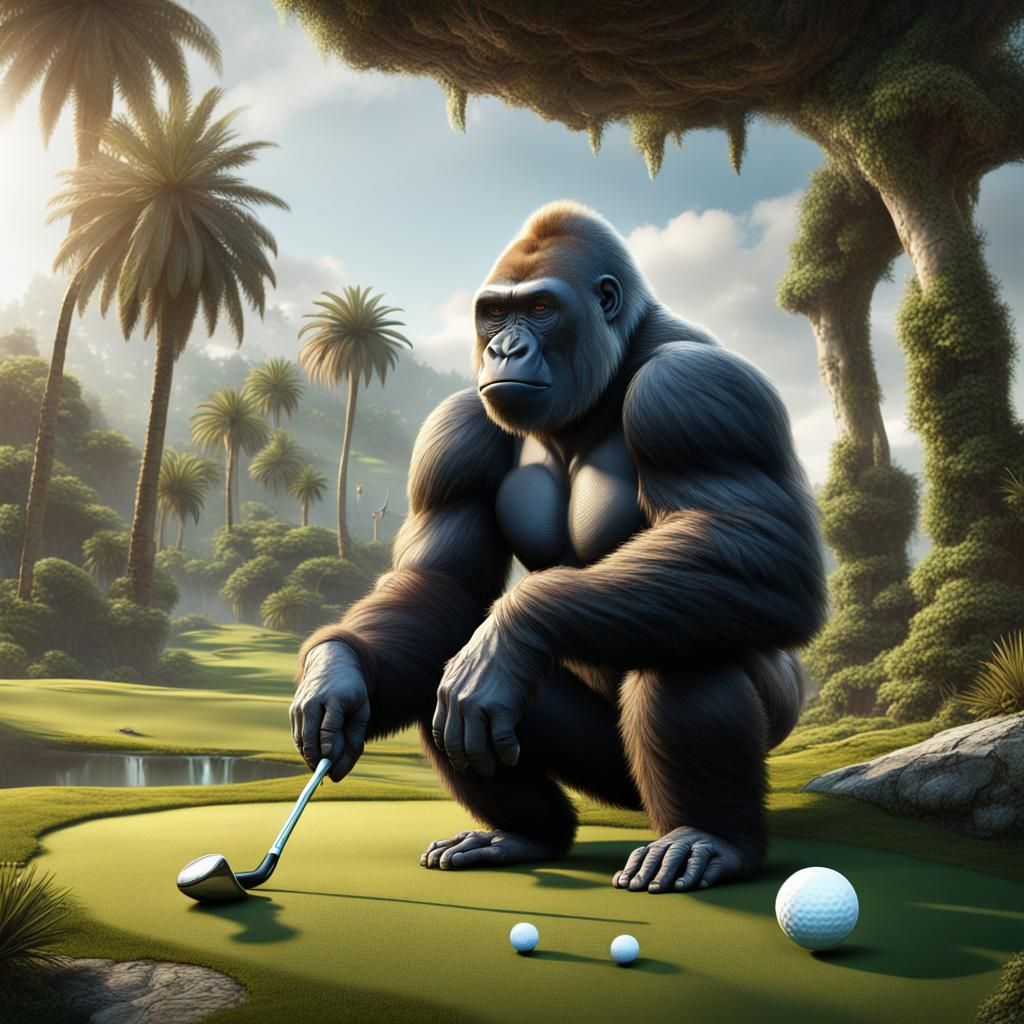 Gorilla Playing Golf: Detailed Matte Painting