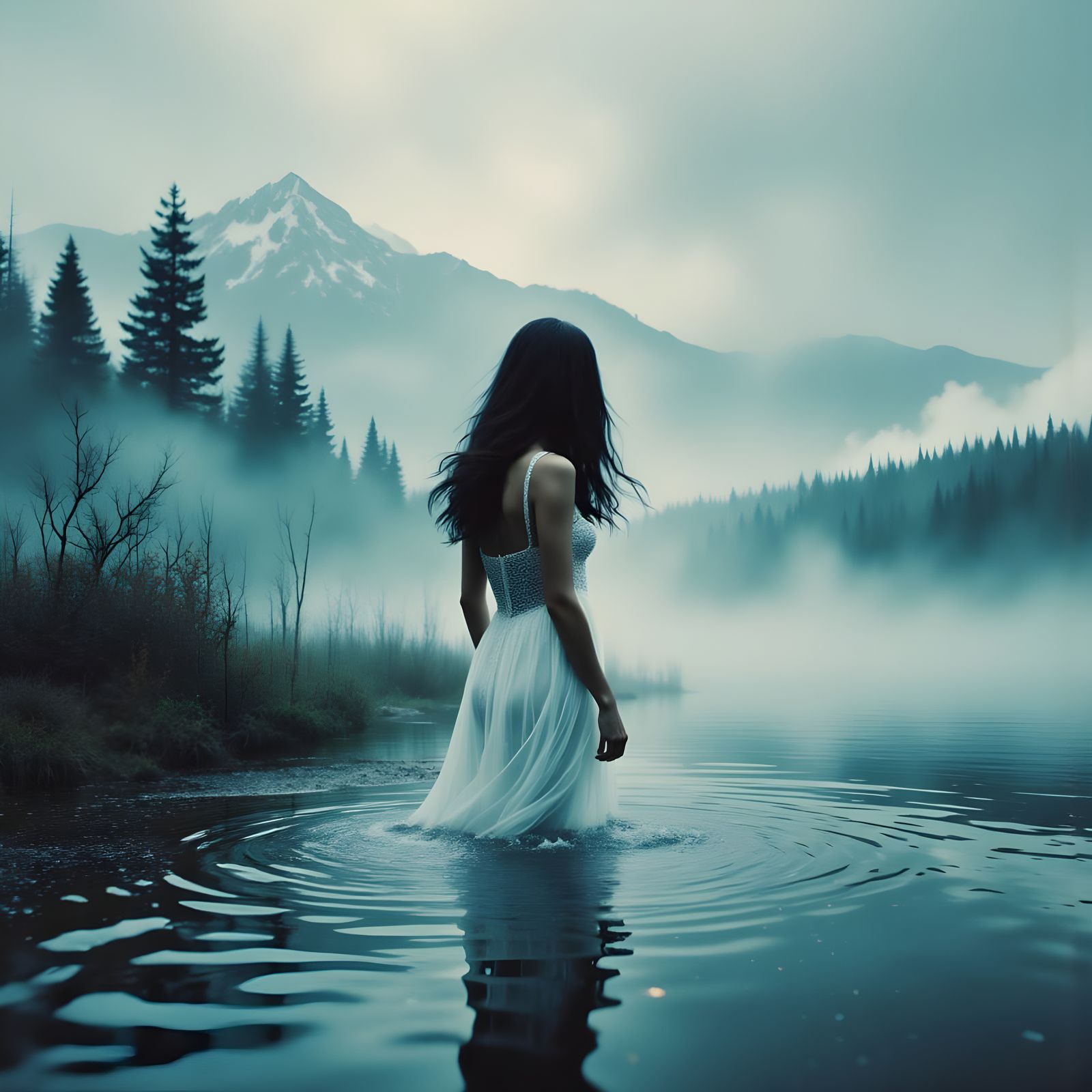 Fair Woman in White Dress by Misty Lake