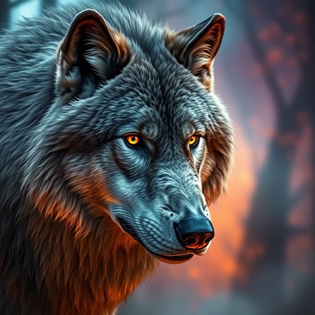Gray Wolf with Hyperrealistic Detail in Fantasy Art Style