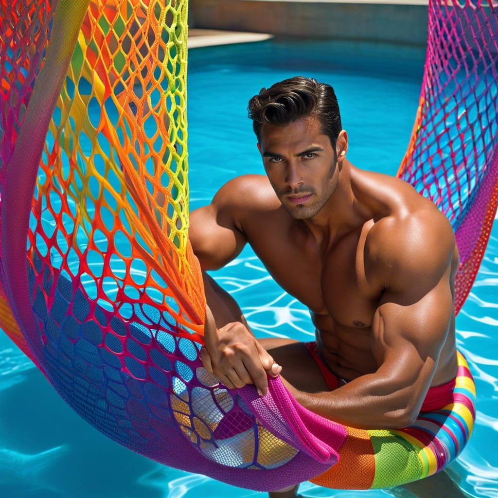 Detailed Model in Fishnet G-String on Pool Float