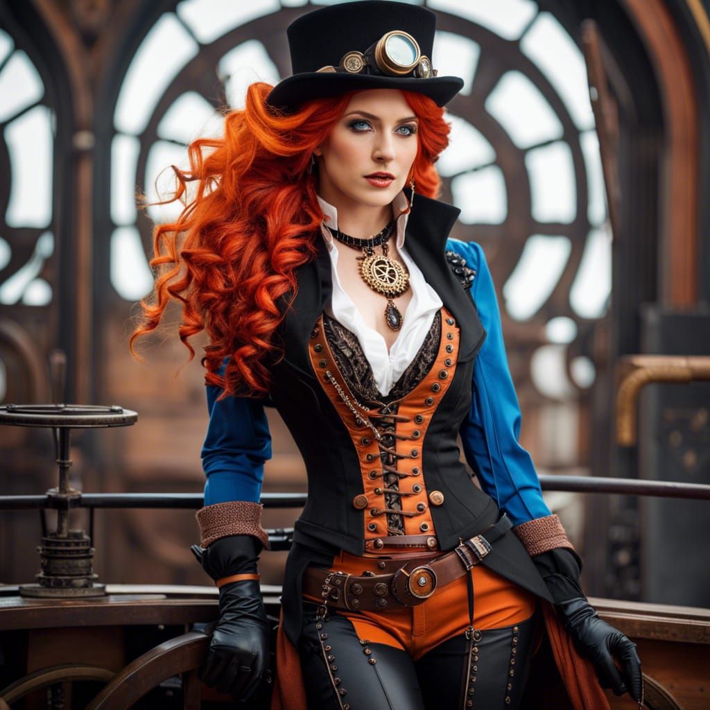 Steampunk Woman with Goggles and Ornate Costume