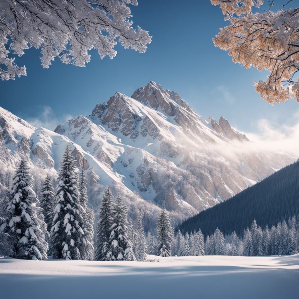 Serene Snow-Capped Mountains in a Winter Wonderland