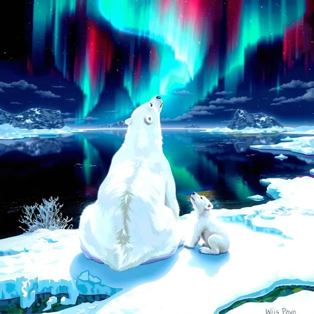 Polar Bears Watch Aurora Borealis in Snowy Landscape
