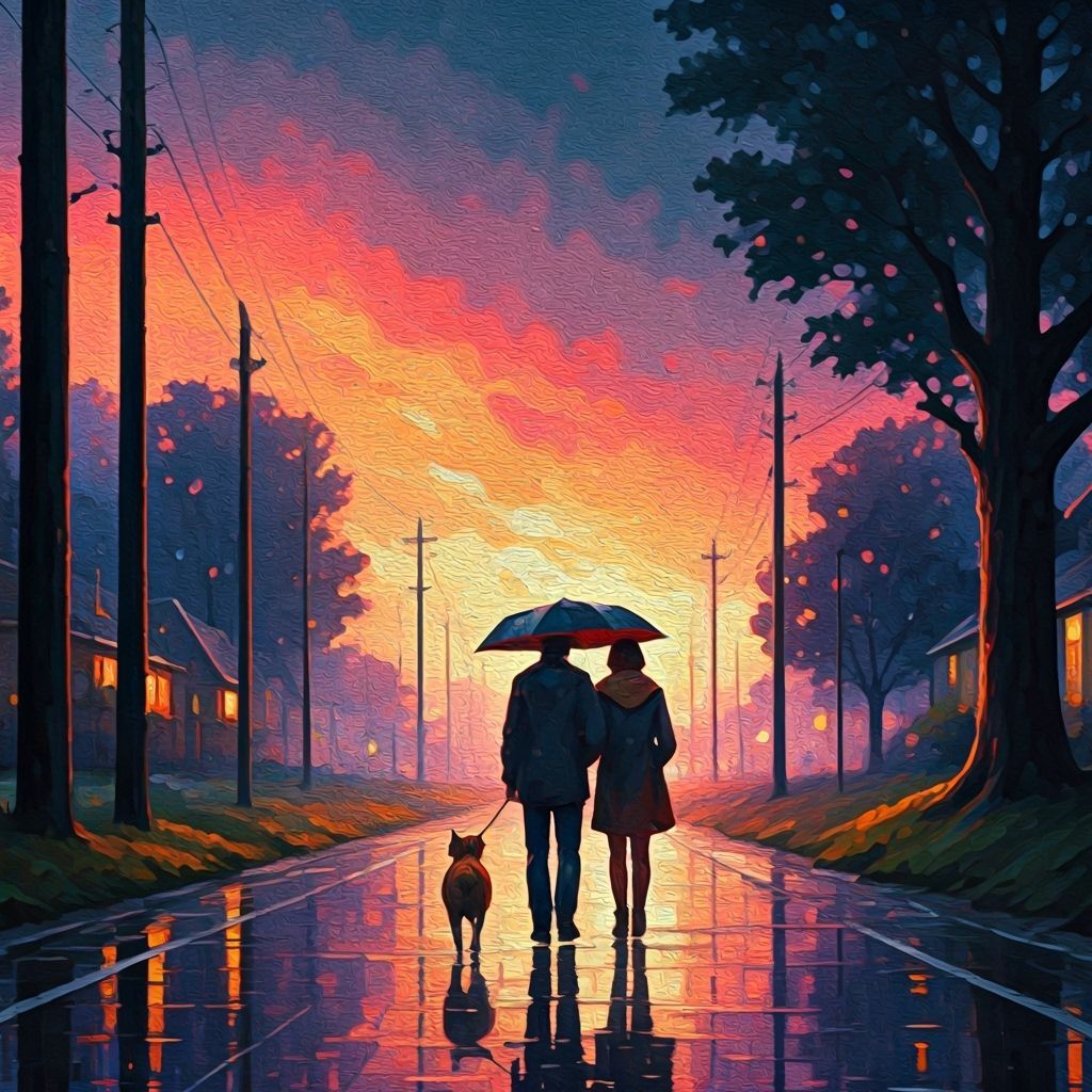 Couple Walks Dog in Intense Sunset Rainstorm