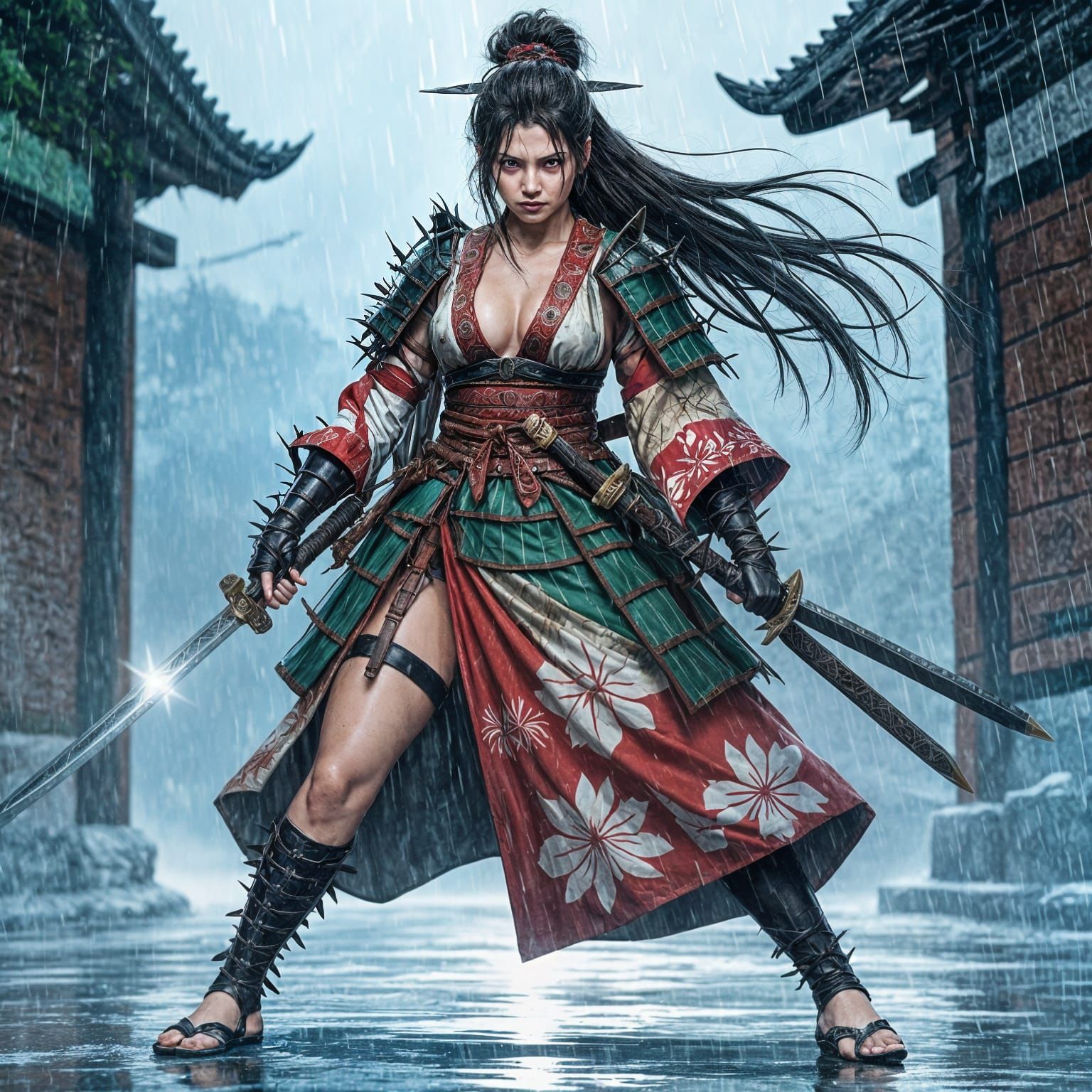 Stoic Geisha Warrior in Thorn Armor in Pouring Rain