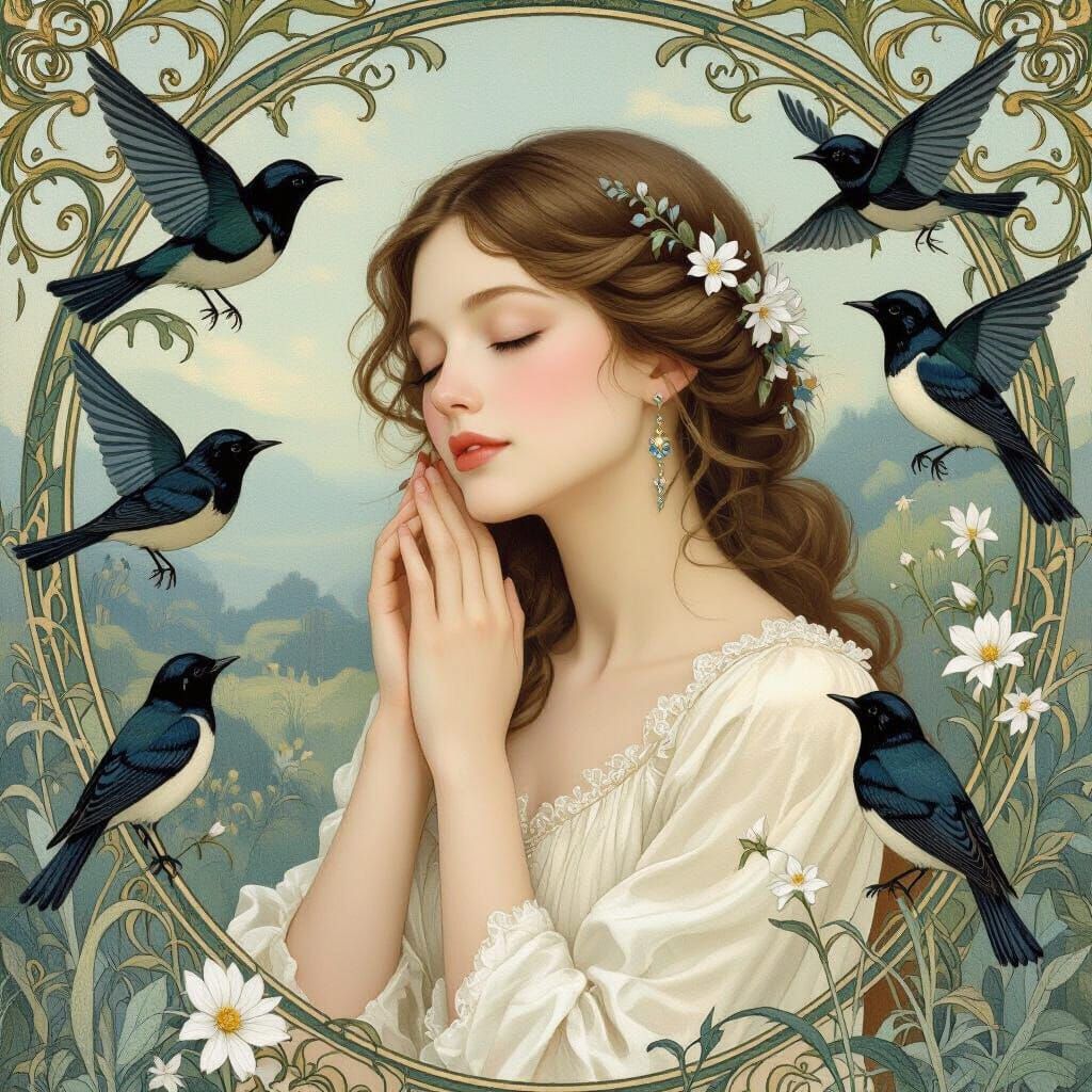 Dreamy Nightingale Woman in Pre-Raphaelite Style