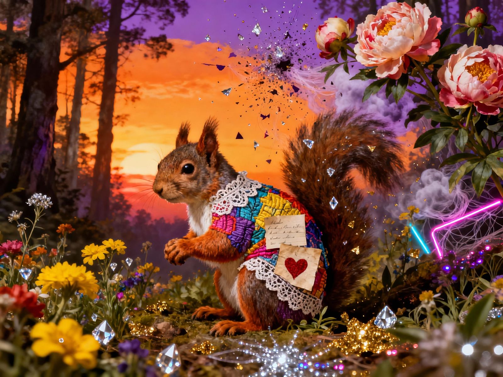 Collage Squirrel in Enchanted Forest at Sunset