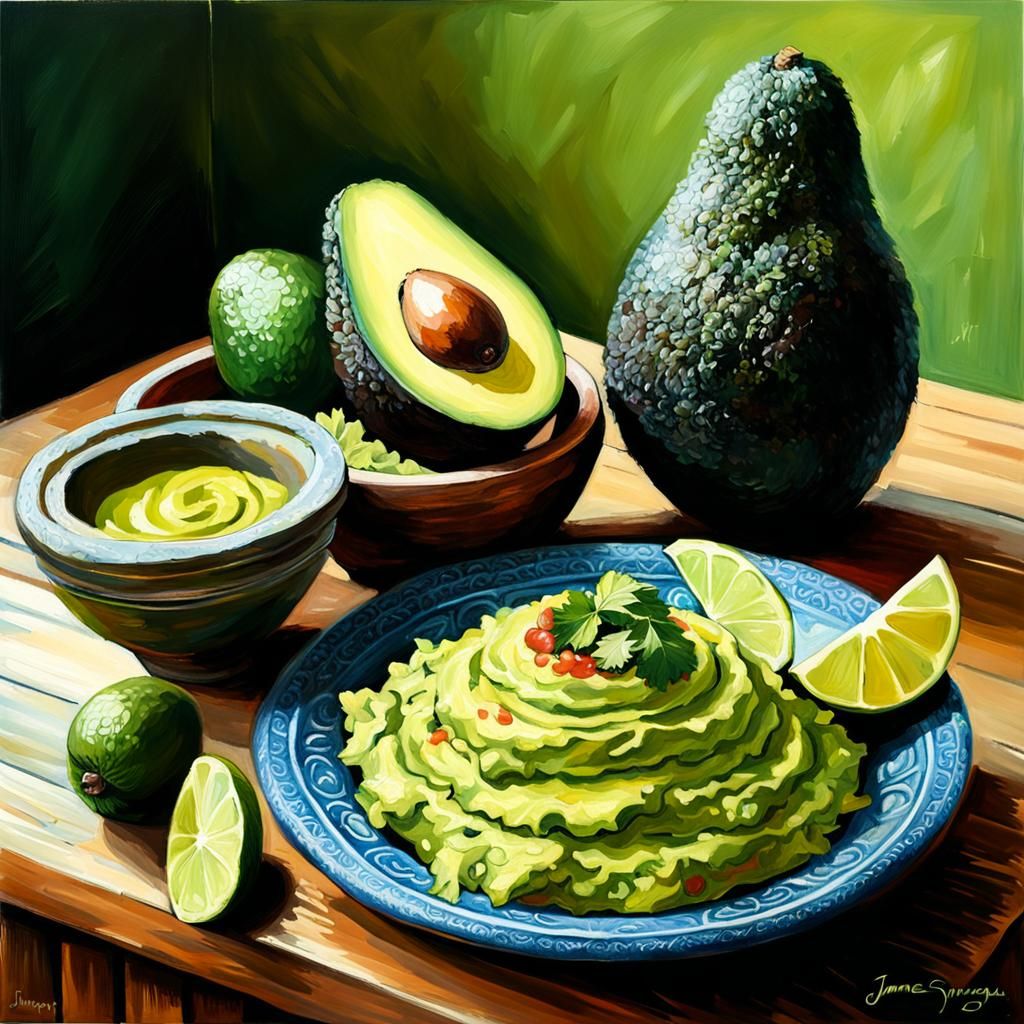 Fresh Guacamole and Avocado Still Life, Oil Painting
