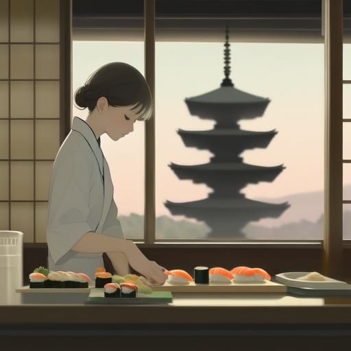Feminine Sushi Chef in Japanese Restaurant Pastel Painting
