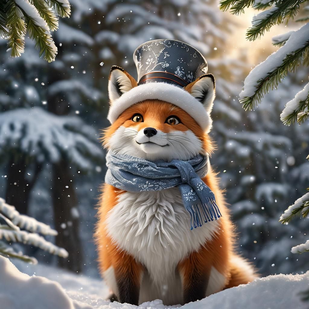 Whimsical Winter Fox in Joyful Snowy Scene, in Impressionist...