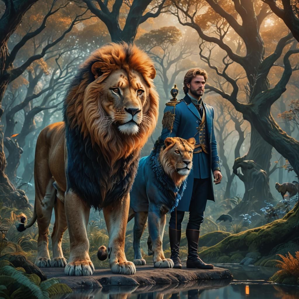 Prince and Lion in Mystical Forest: Fantasy Art