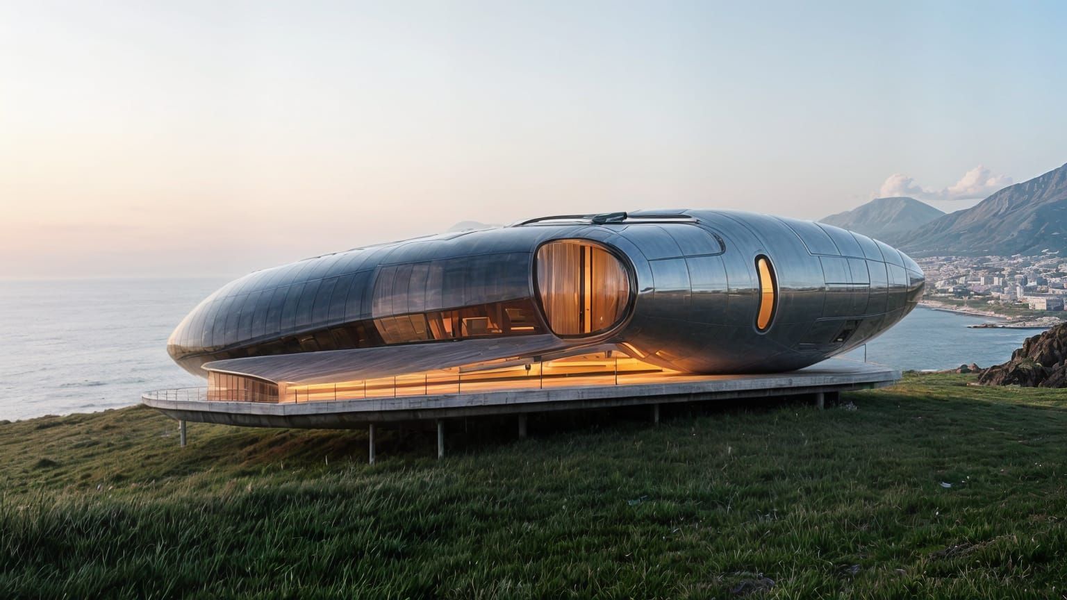 Futuristic Mobile Home with Neon Accents and Panoramic Ocean...