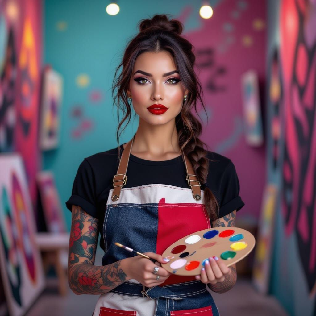 Gorgeous Tattooed Painter in Neon Art Gallery, Hyperrealisti...