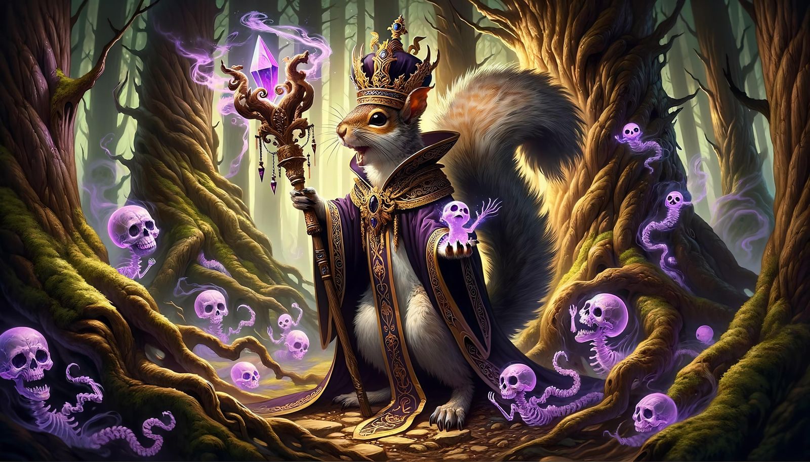 Squirrel Warlock Commands Spectral Skeletons in Eerie Forest