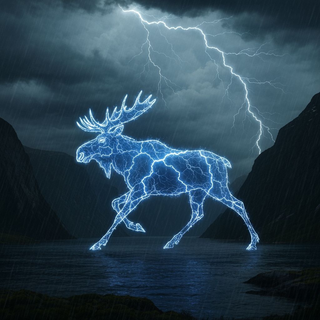 Lightning Moose Gallops Over Fjord Under Stormy Sky