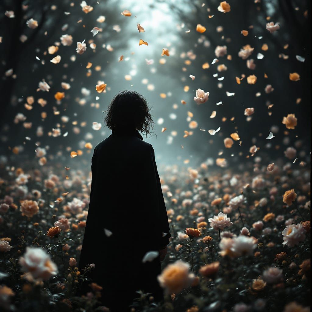 Dramatic Figure Amidst Falling Flowers in Film Noir Style