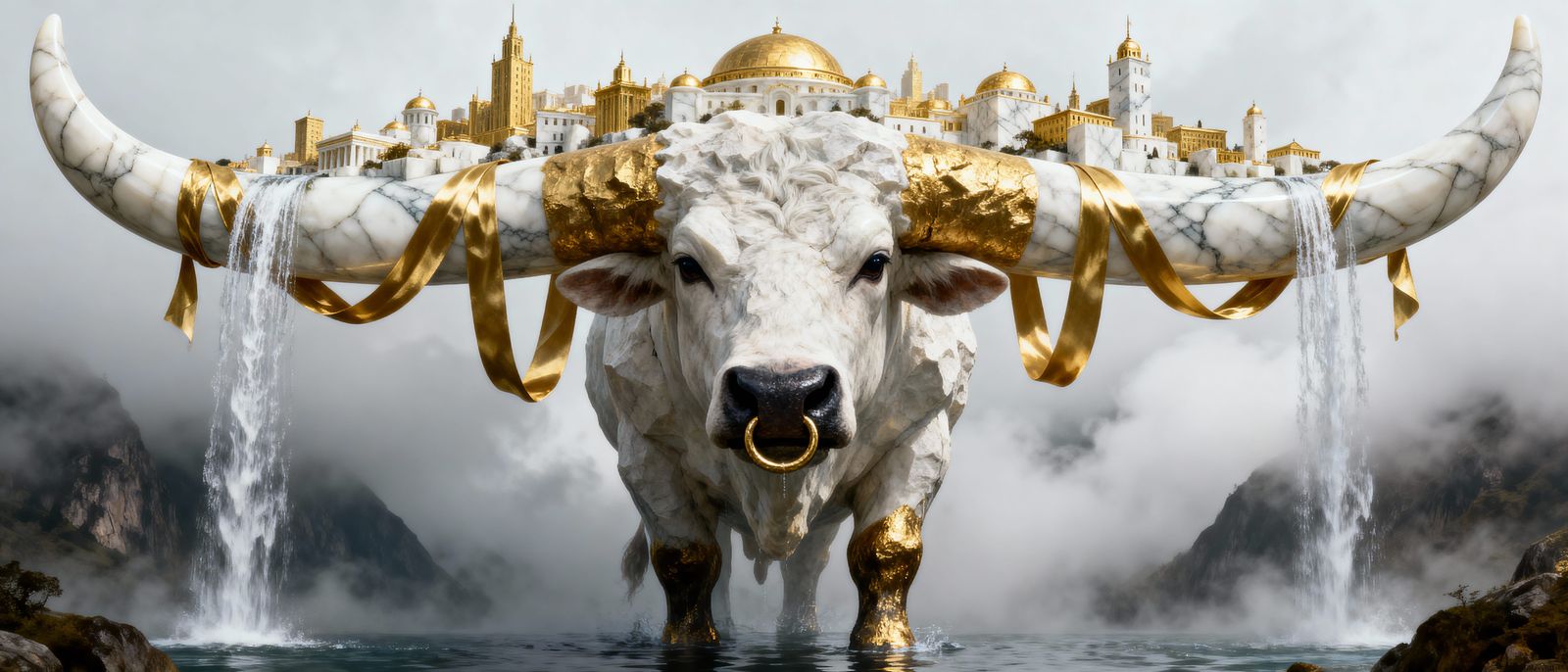 Colossal Bull of Gold and White Marble