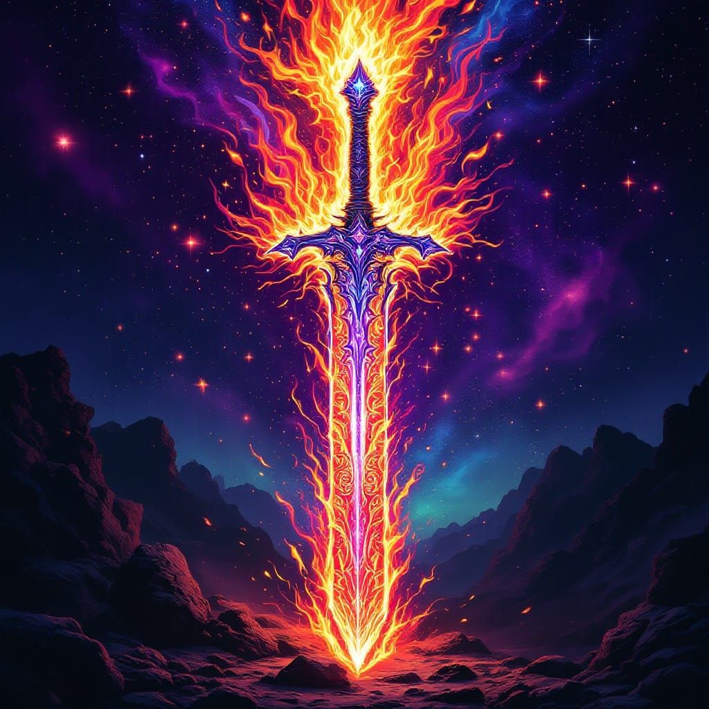 Surreal Cosmic Fire Sword in Holographic Astral Style