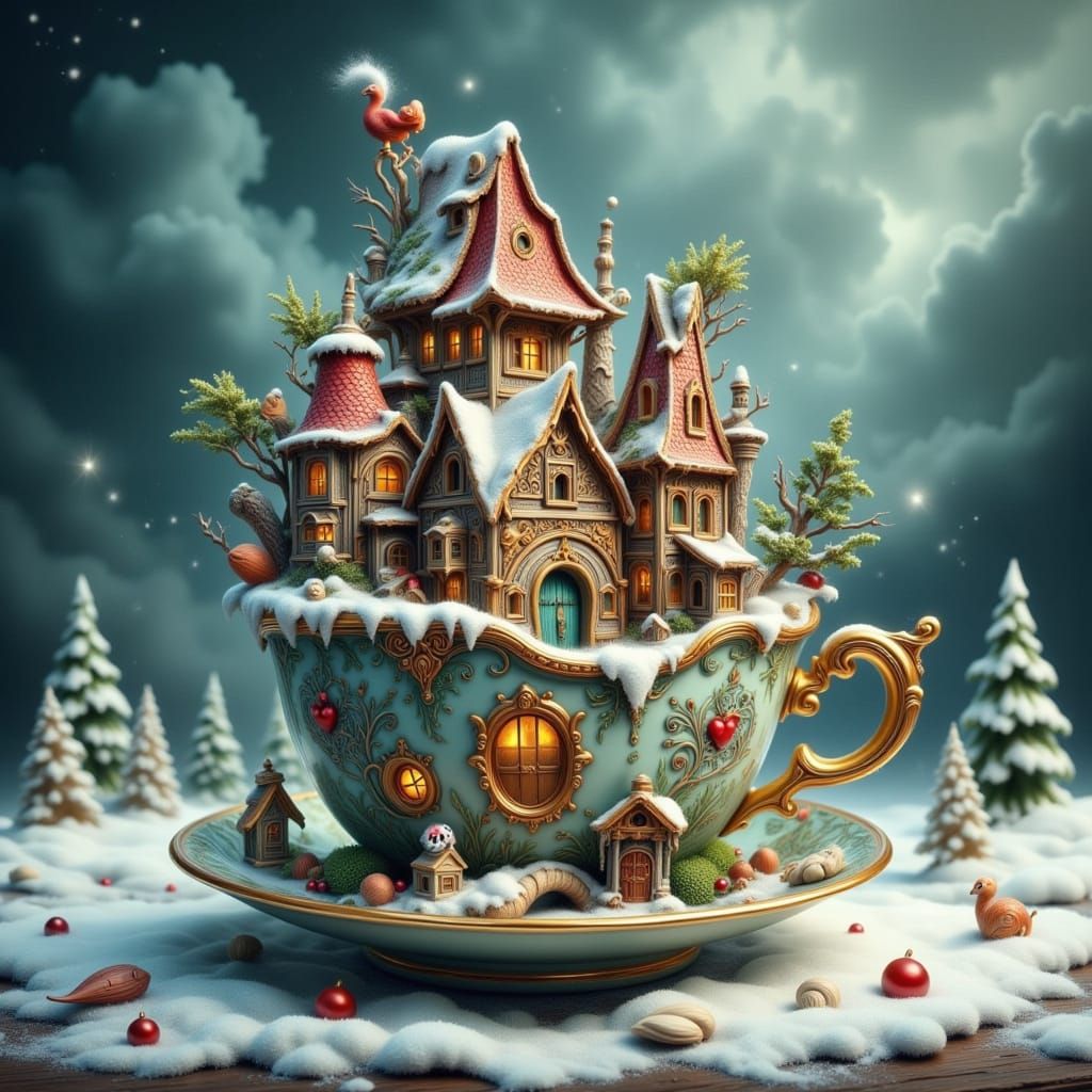 Whimsical Teacup Cityscape with Wonky Houses