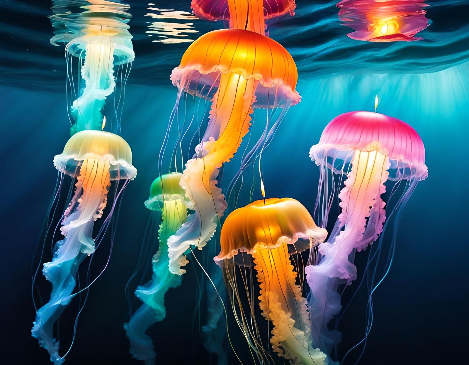 2//// realistic burning, wax candles inside the ocean, entangled among transparent jellyfish