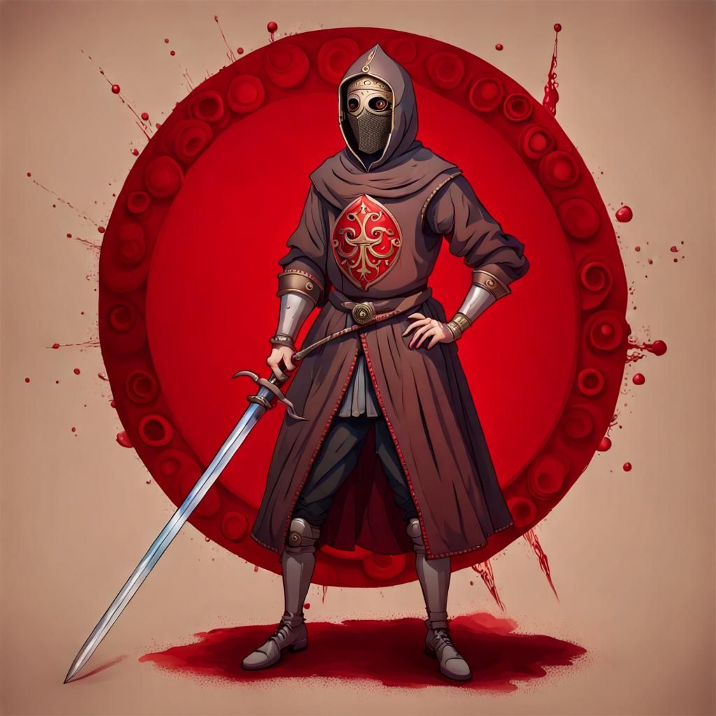 Six-Eyed Medieval Figure in Red Mist