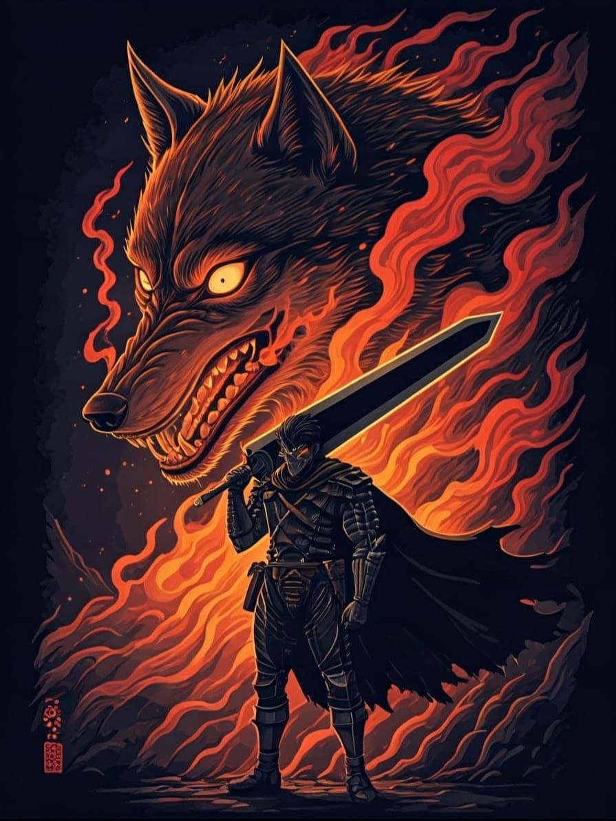 Wolf Spirit Arises Behind Warrior: Ukiyo-e Style