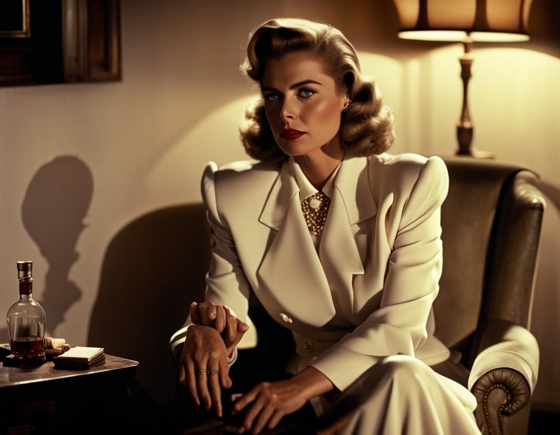 Casablanca close up, full body, woman sitting in a chair at a dimly lit room, cigar smoke, Ingrid Bergman, drama, romanc...