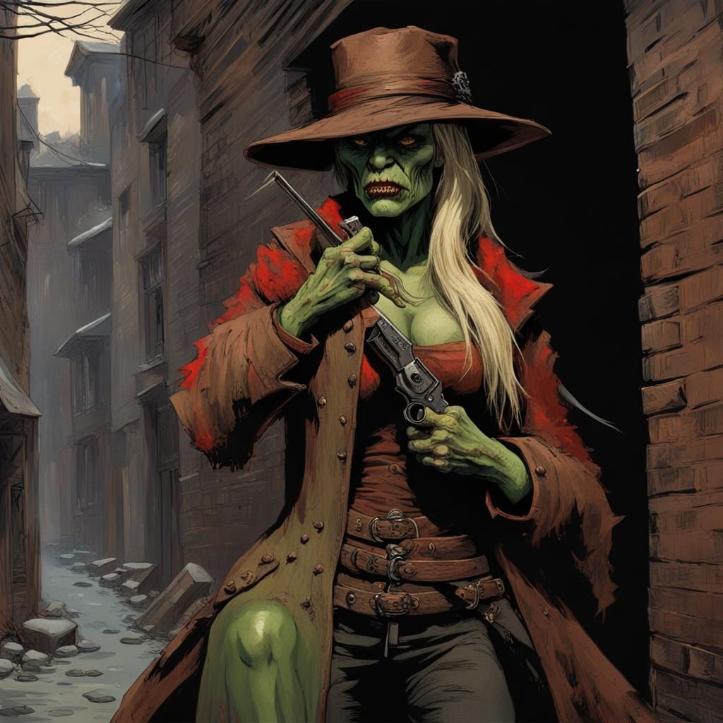 Orc Woman in Alley with Pistol