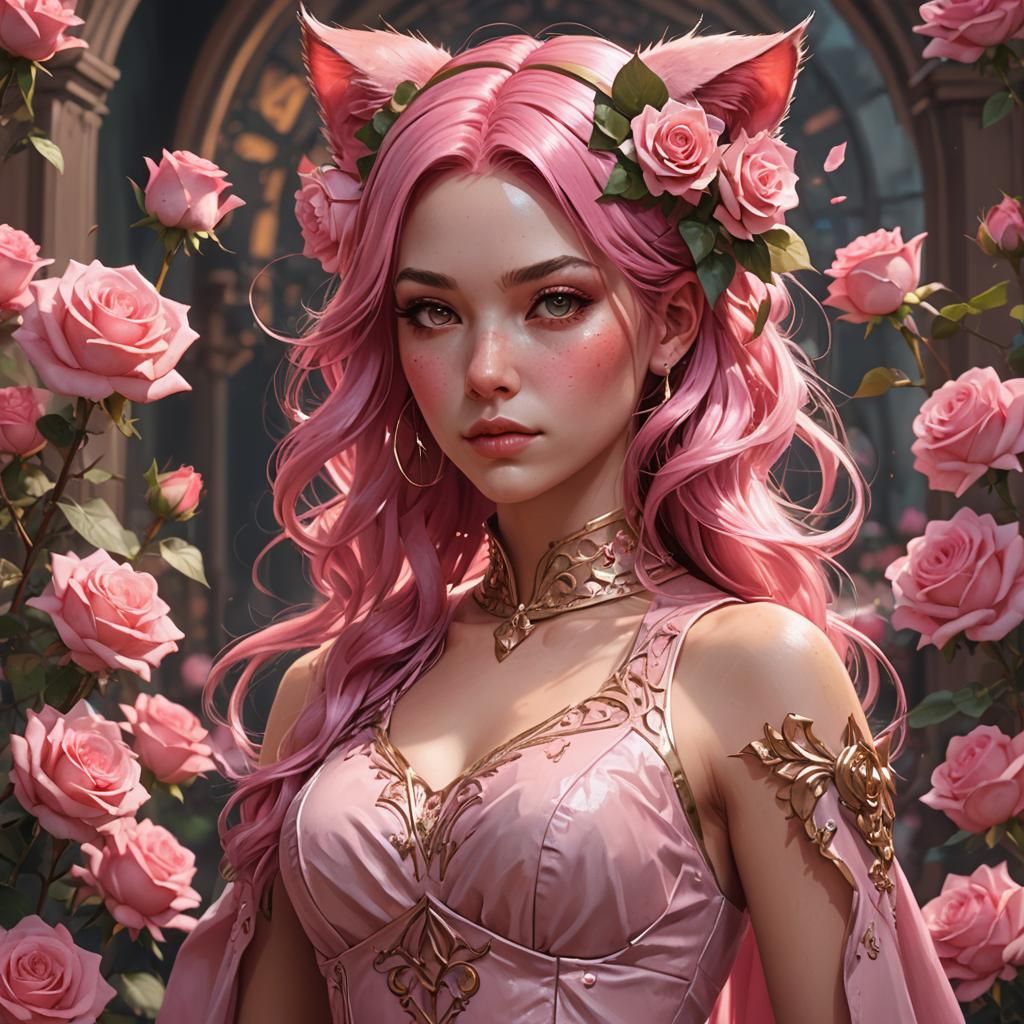 Pink-Haired Girl with Cat Ears in Rose Garden