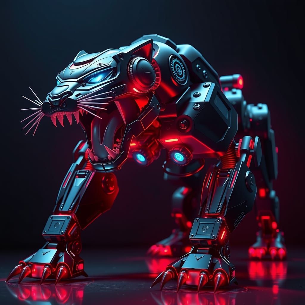 Futuristic Mechanized Panther Roaring with Neon Highlights