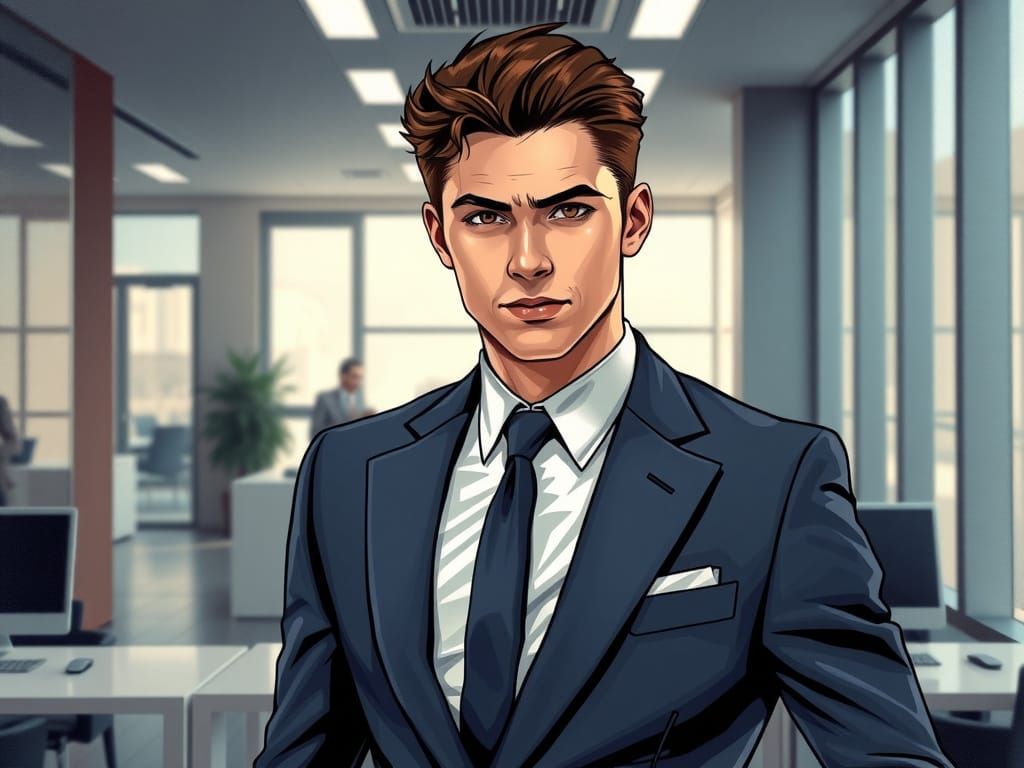 Confident Businessman in a Modern Office Scene, in Comic Boo...