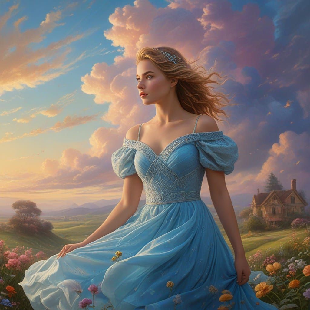 Woman Walks to Horizon in Dreamlike Fantasy Realm
