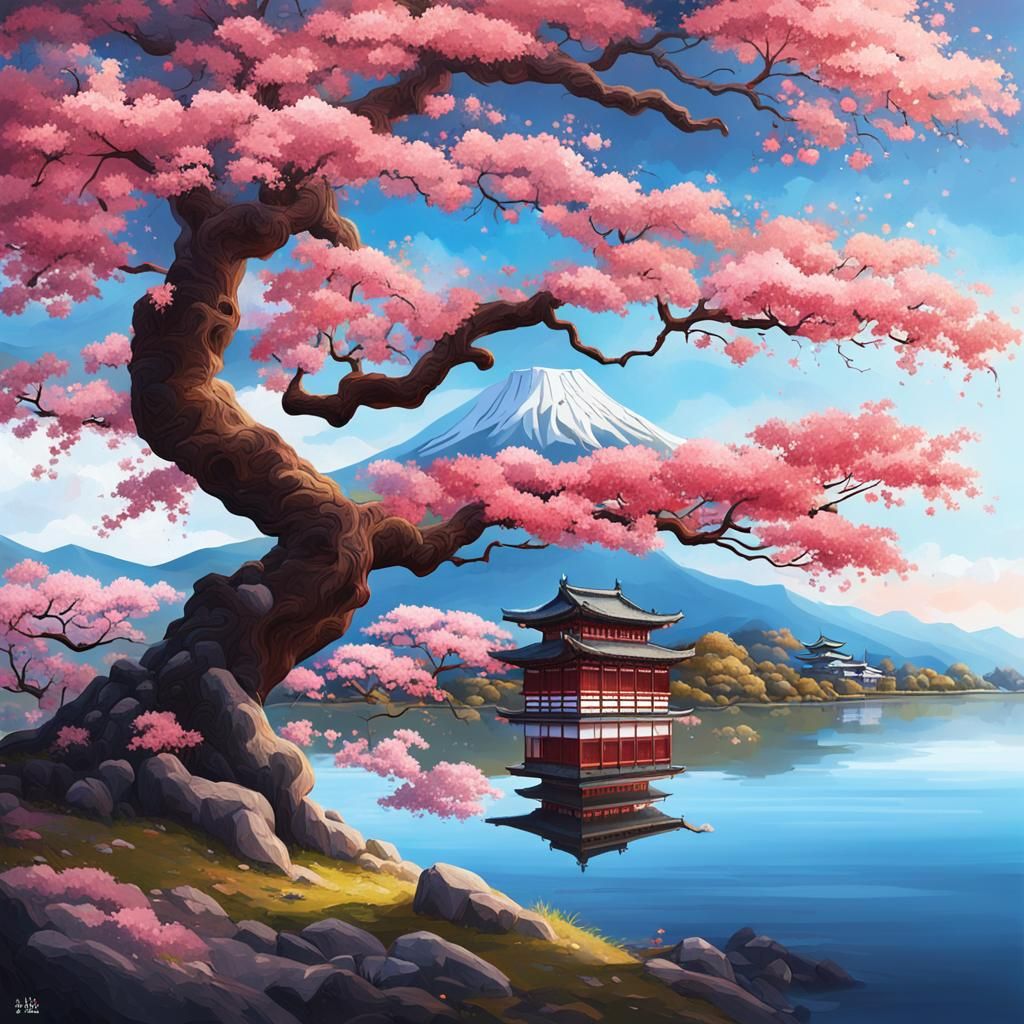 Hyperrealistic Sakura Tree with Japanese Temple