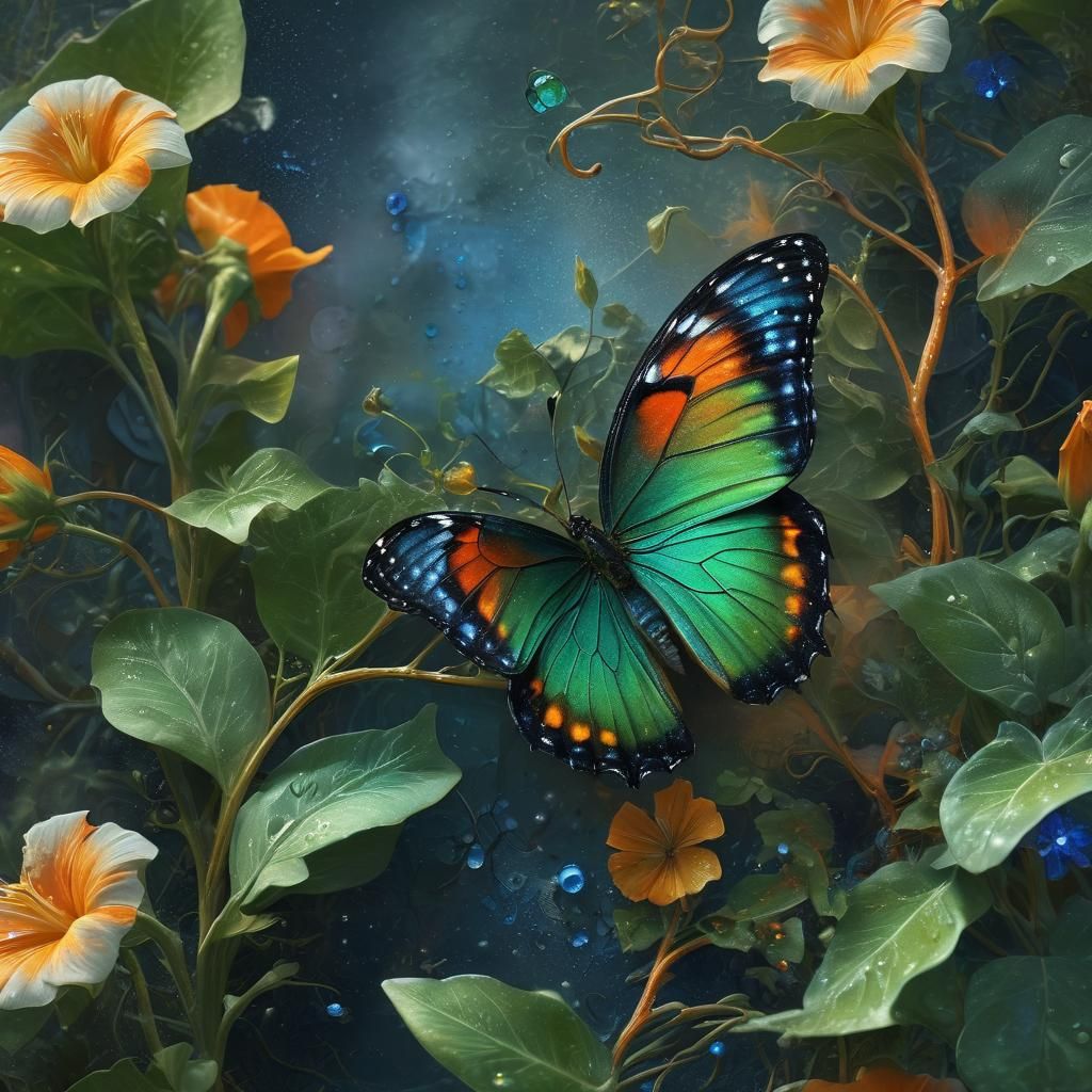 Emerald Butterfly on Orange Morning Glory, Impasto Oil