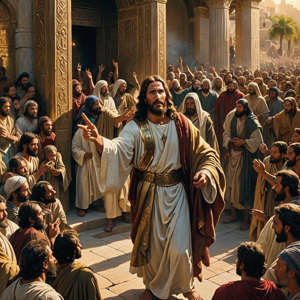 Jesus Scolds Scribes: Biblical Scene in Chiaroscuro Style